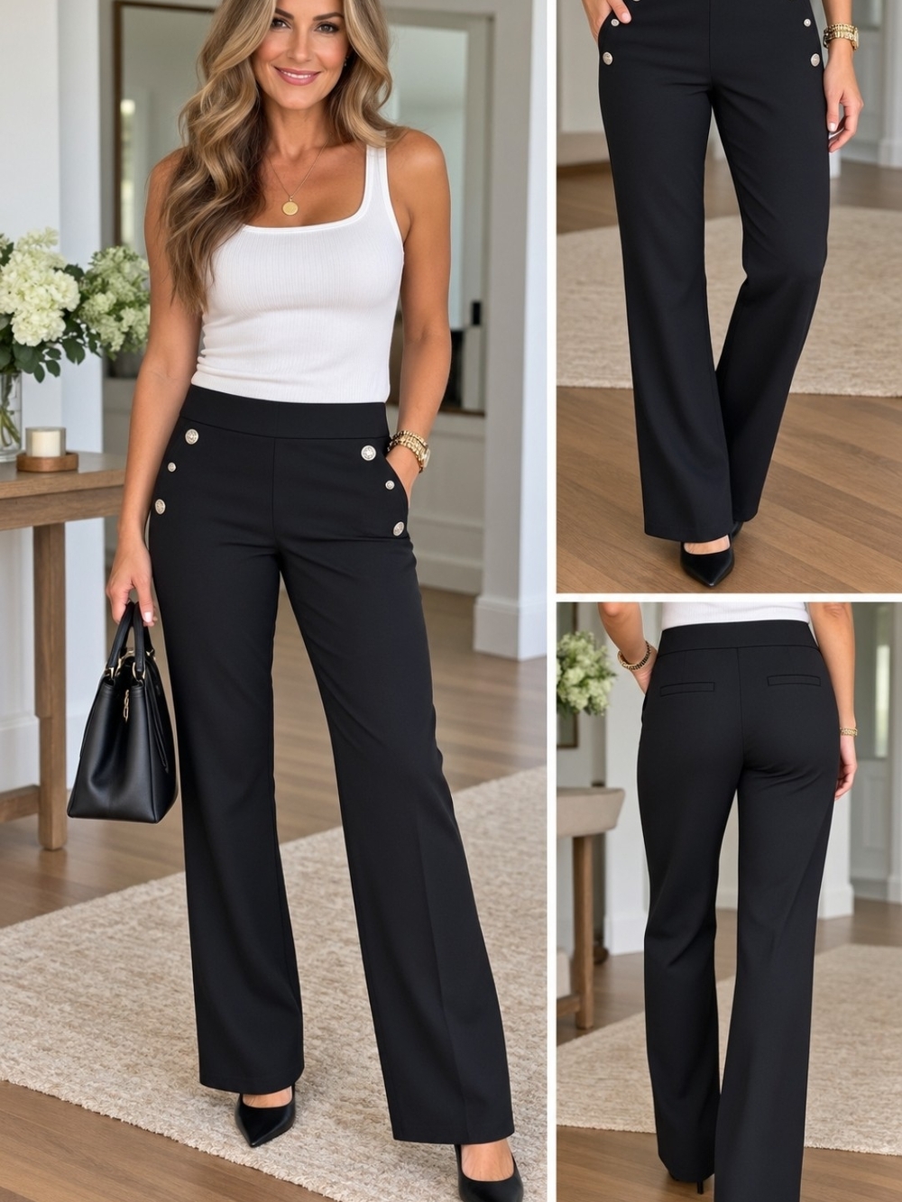 Roz & Ali Black Wide-Leg High-Rise Pants with Gold Buttons